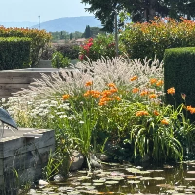 Massif fleuri proche d'un bassin